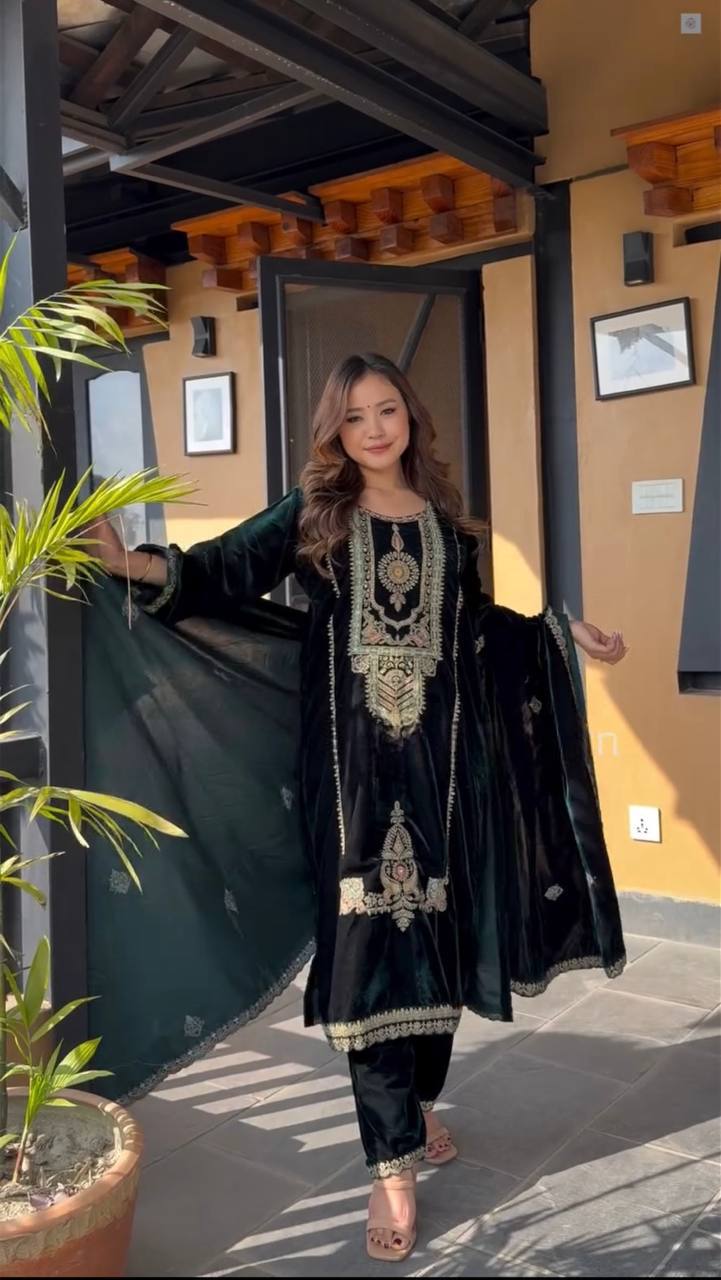 Designer Velvet Embroidered Suit Set with Heavy Sequin Work for Women