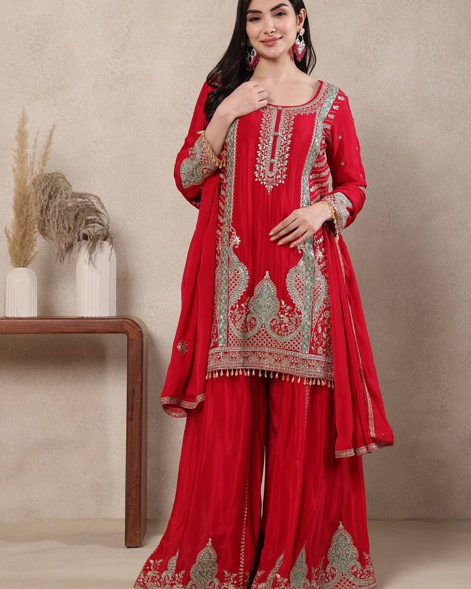 Designer Chinnon Silk Embroidered Sharara Palazzo Suit Set with 5mm Sequence Work | Premium Festive & Party Wear for Women
