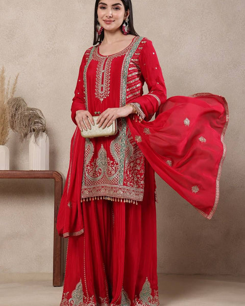 Designer Chinnon Silk Embroidered Sharara Suit | Festive Wear