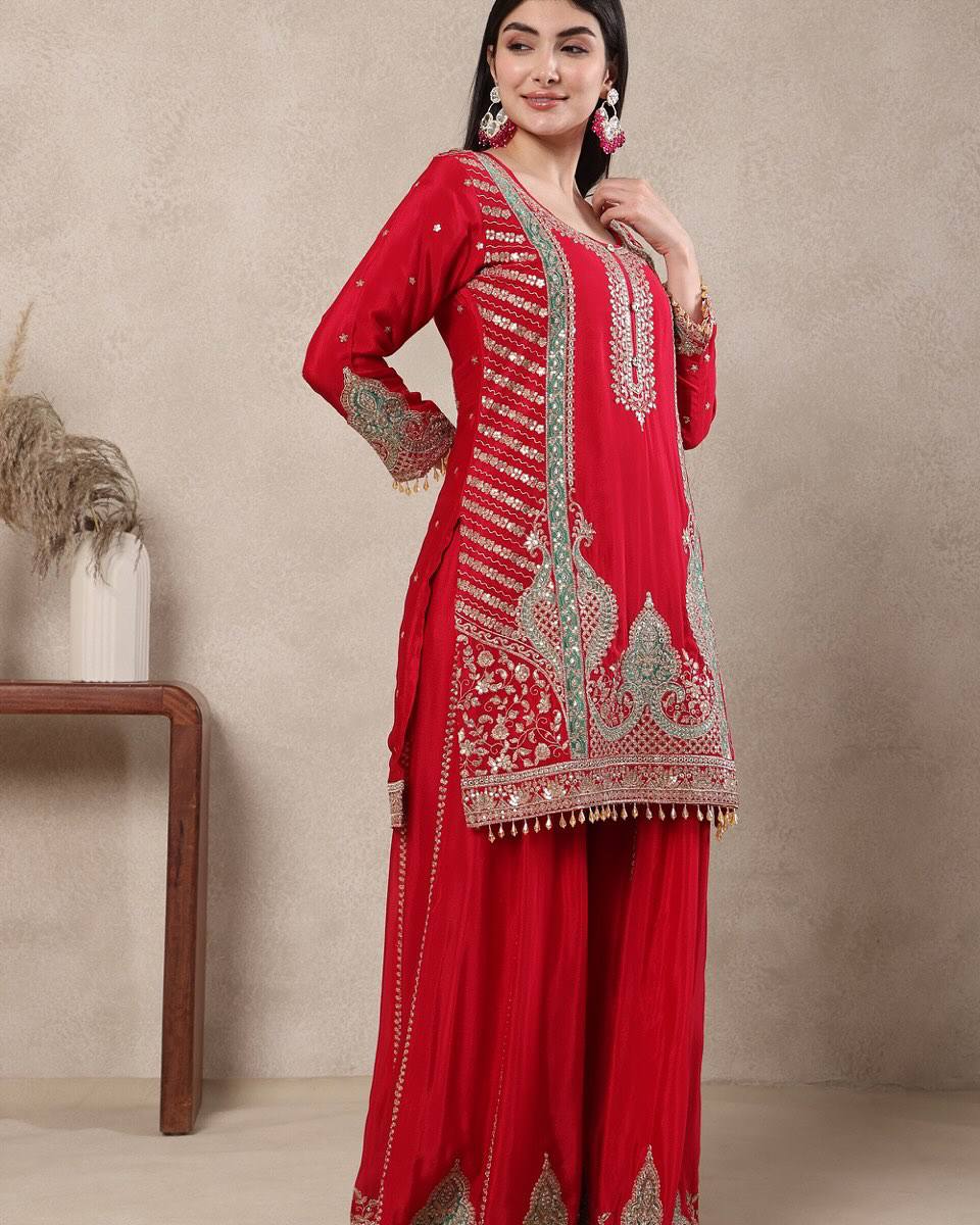 Designer Chinnon Silk Embroidered Sharara Palazzo Suit Set with 5mm Sequence Work | Premium Festive & Party Wear for Women