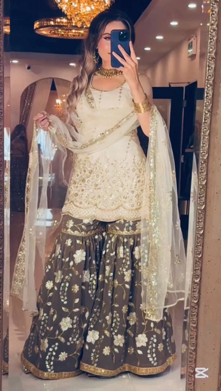 Premium Chinnon Silk Embroidered Sharara Set with Dupatta