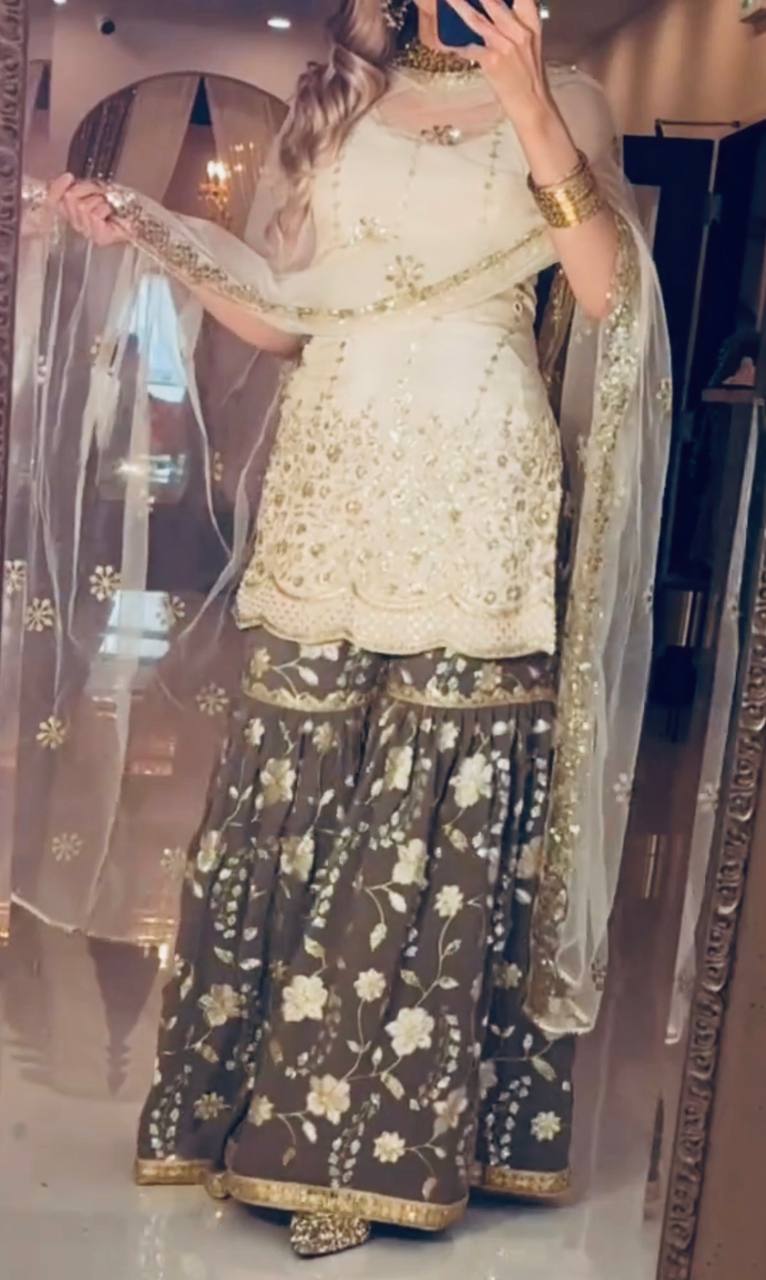 Premium Chinnon Silk Embroidered Sharara Set with Dupatta