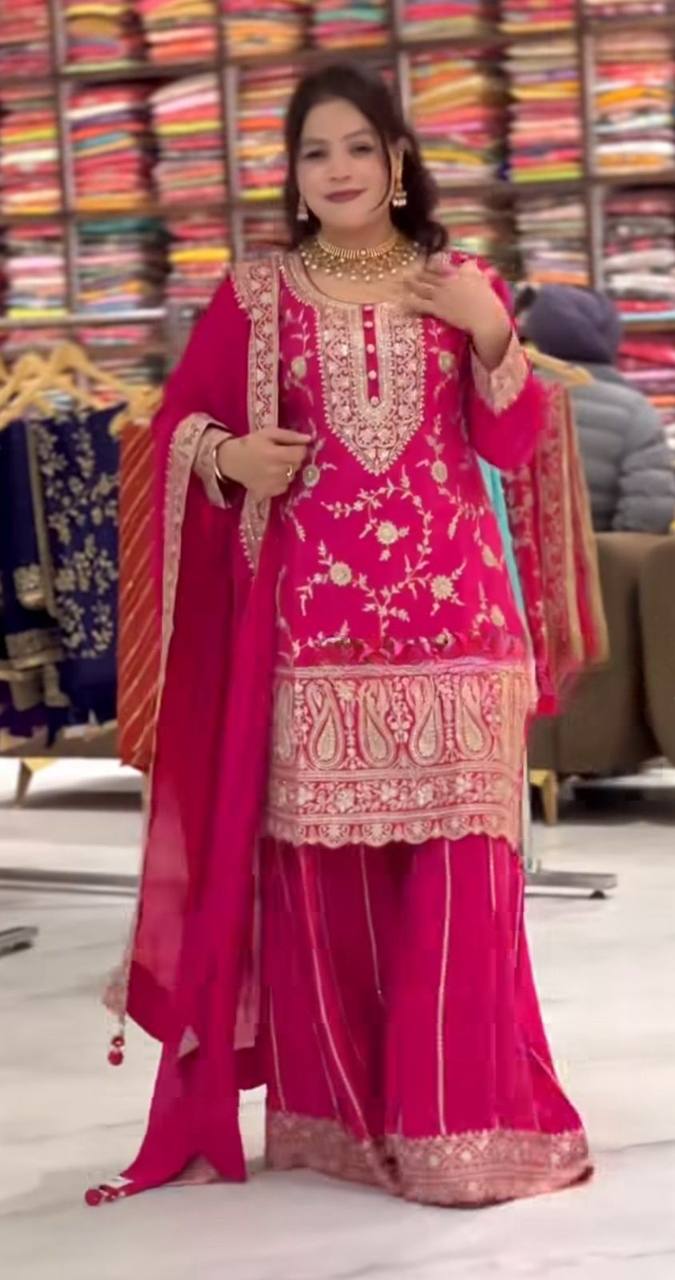 Designer Heavy Chinnon Silk Sharara Suit for Women | Embroidery Sequence Work | Fully Stitched Set