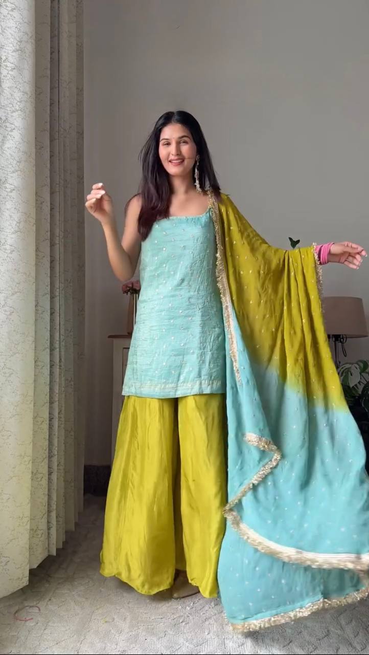 Designer Chinon Silk Palazzo Suit Set – Avishkar