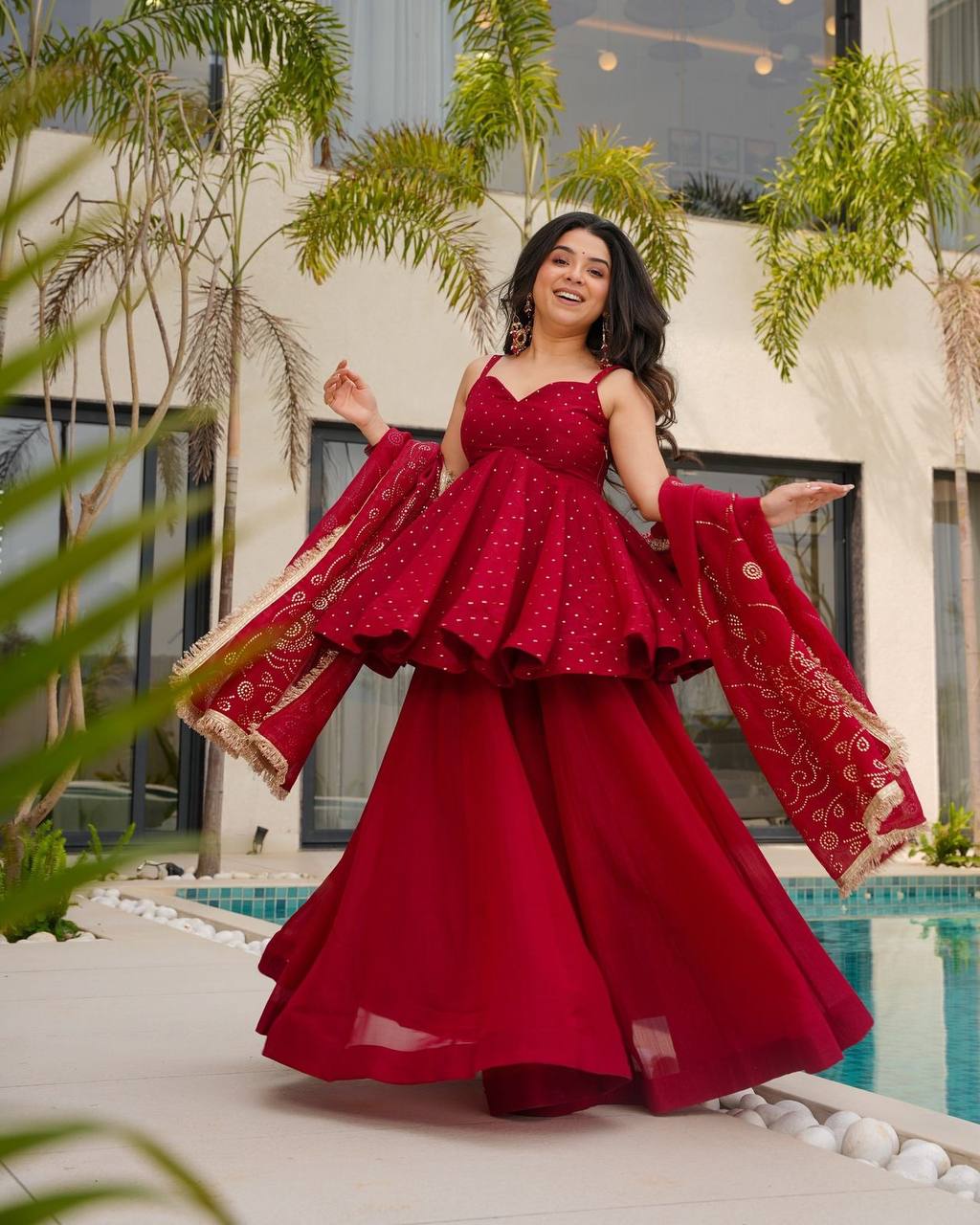 Red Tabby Organza Mukesh Work Suit Set
