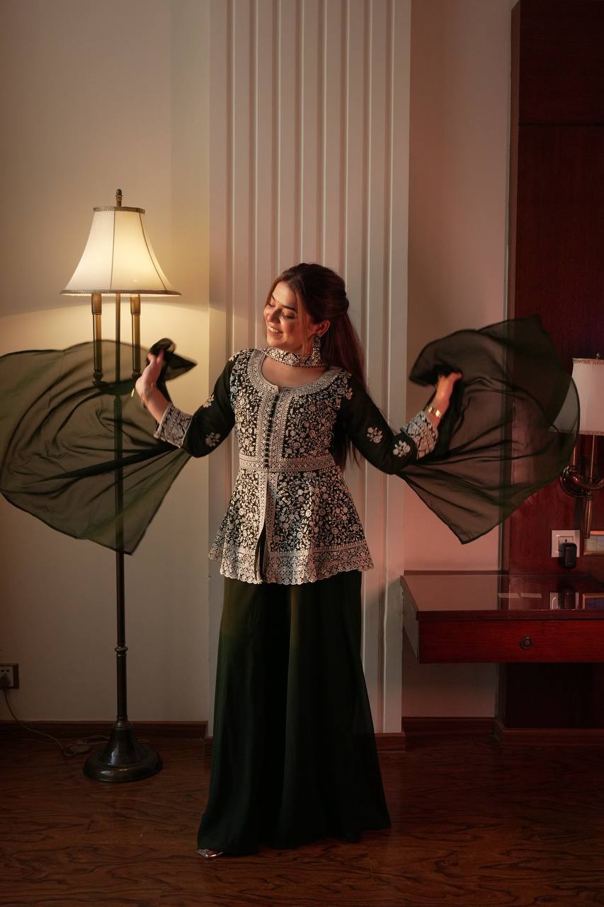 Black Georgette Embroidered Kurti Palazzo Set with Dupatta – Sequence Work Party Wear