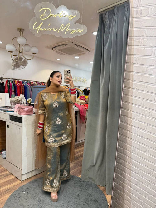 Designer Fendy Silk Embroidered Palazzo Suit | Festive Wear