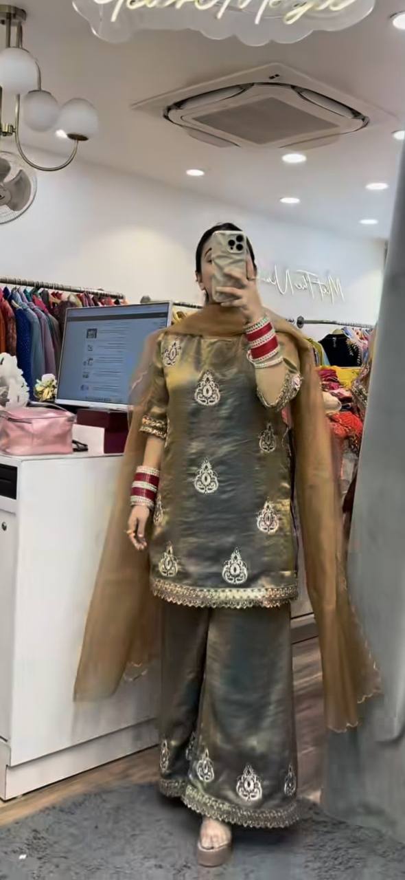 Designer Fendy Silk Embroidered Palazzo Suit Set with 5mm Sequence Work | Premium Festive & Party Wear for Women