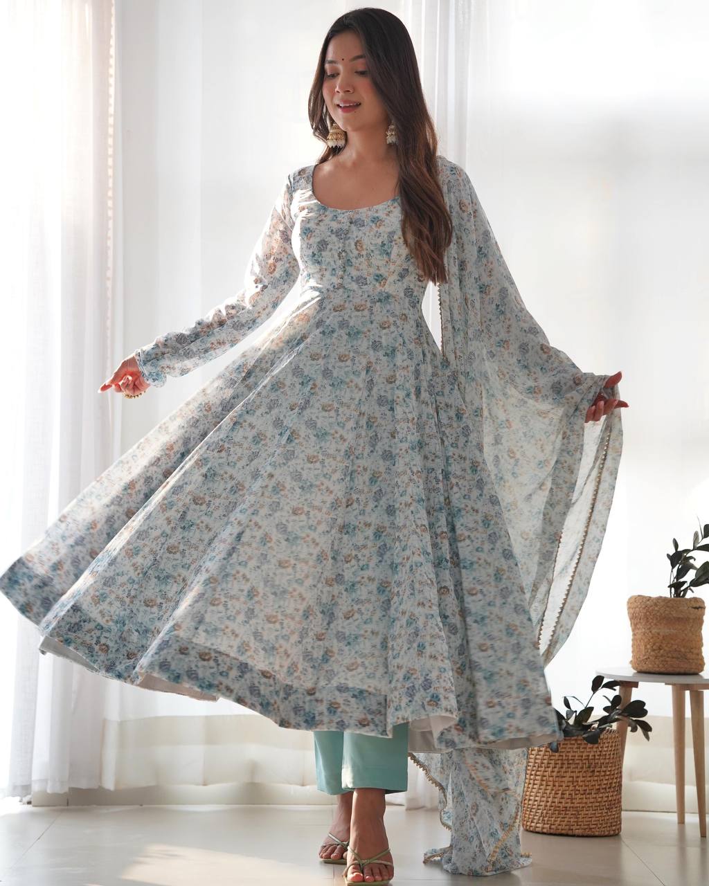 Luxury Chiffon Floral Anarkali Set with Dupatta | Designer Gown